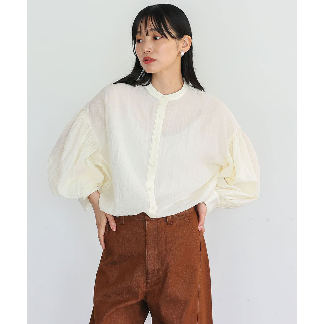 ノールール ノーライン No Rule No Line バンドカラーボリュームスリーブブラウス (BLUEGRAY) BLUEGRAY