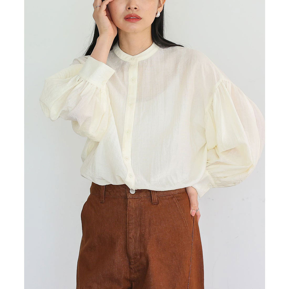 ノールール ノーライン No Rule No Line バンドカラーボリュームスリーブブラウス (BLUEGRAY) BLUEGRAY