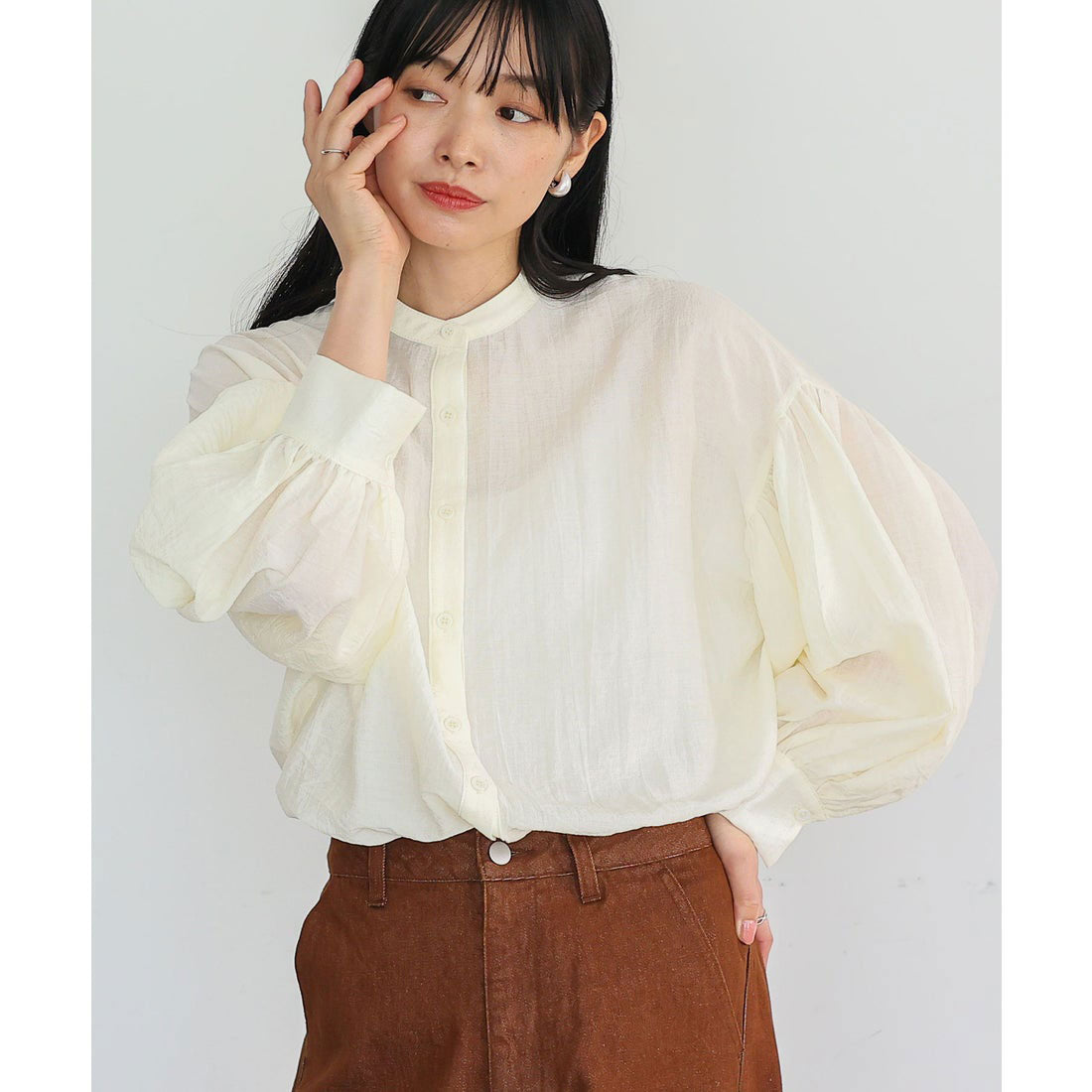 ノールール ノーライン No Rule No Line バンドカラーボリュームスリーブブラウス (BLUEGRAY) BLUEGRAY