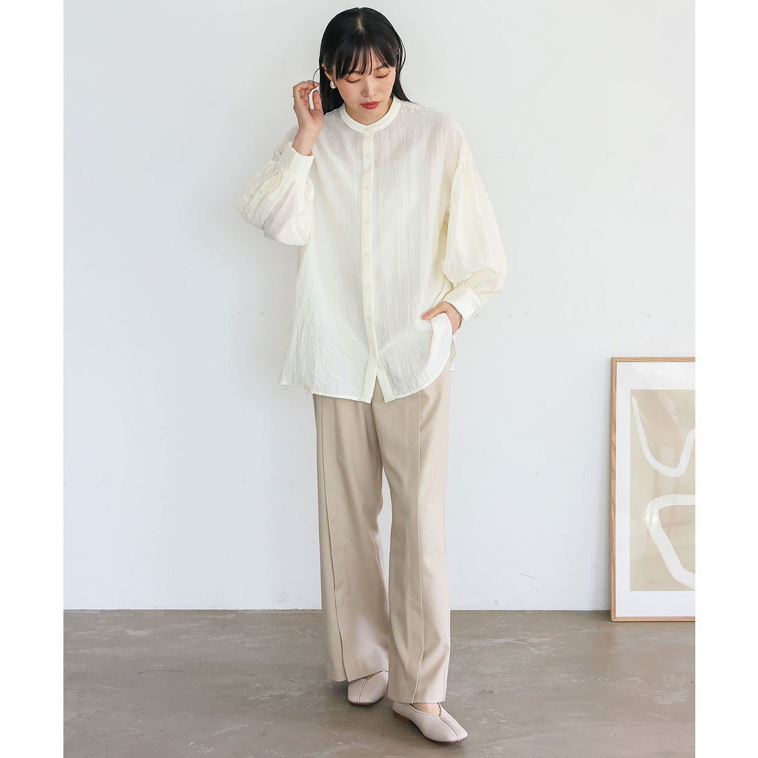 ノールール ノーライン No Rule No Line バンドカラーボリュームスリーブブラウス (BLUEGRAY) BLUEGRAY