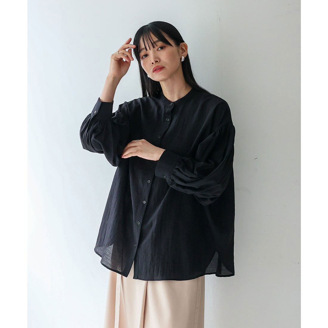 ノールール ノーライン No Rule No Line バンドカラーボリュームスリーブブラウス (BLACK) BLACK