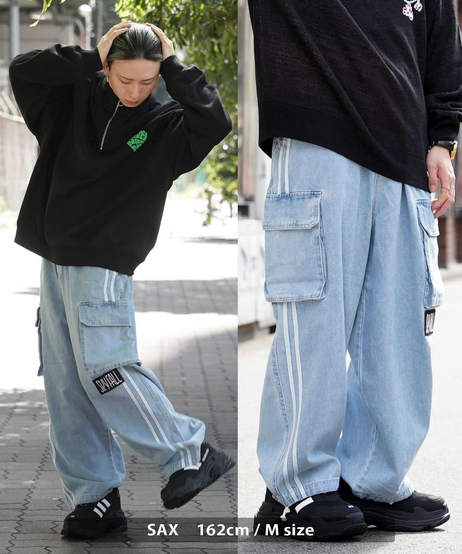 ワンフォークロージング 1111clothing ◆バルーンカーゴ ラインパンツ◆ オーバーサイズ デニム カーゴ パンツ メンズ ワイドデニム カーゴパンツ レディース ワイドパンツ カーゴデニム