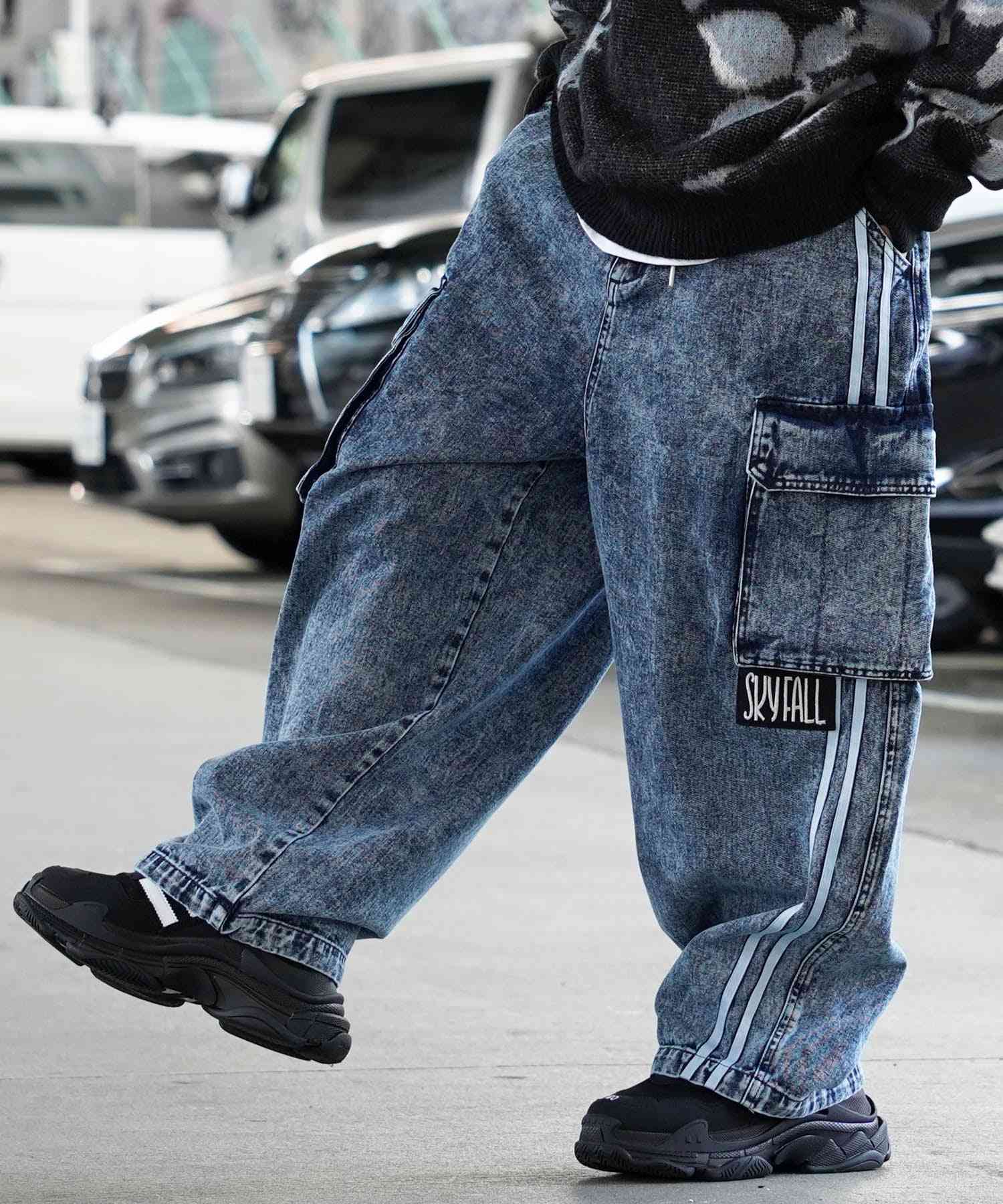 ワンフォークロージング 1111clothing ◆バルーンカーゴ ラインパンツ◆ オーバーサイズ デニム カーゴ パンツ メンズ ワイドデニム カーゴパンツ レディース ワイドパンツ カーゴデニム