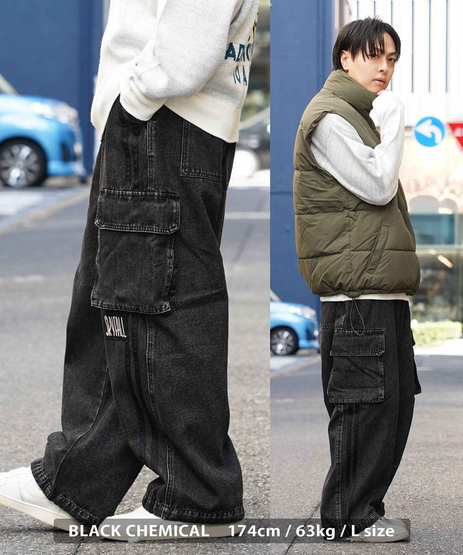 ワンフォークロージング 1111clothing ◆バルーンカーゴ ラインパンツ◆ オーバーサイズ デニム カーゴ パンツ メンズ ワイドデニム カーゴパンツ レディース ワイドパンツ カーゴデニム