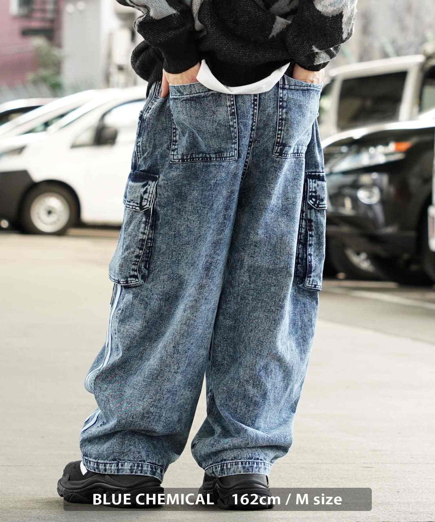 ワンフォークロージング 1111clothing ◆バルーンカーゴ ラインパンツ◆ オーバーサイズ デニム カーゴ パンツ メンズ ワイドデニム カーゴパンツ レディース ワイドパンツ カーゴデニム