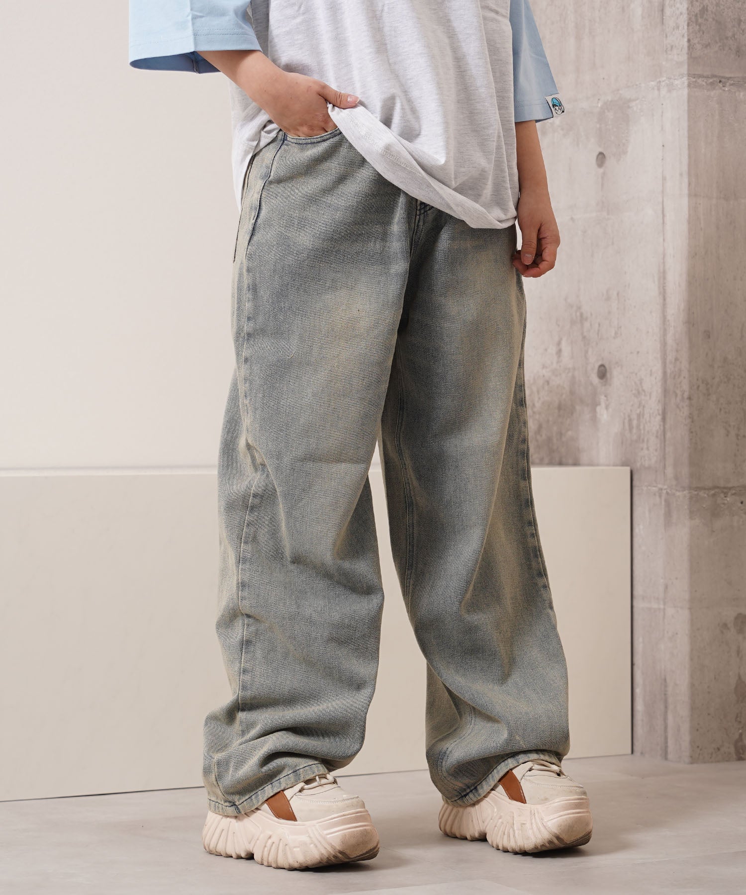 ワンフォークロージング 1111clothing 12ozデニム オーバーダイ バギーパンツ (BLUE) BLUE