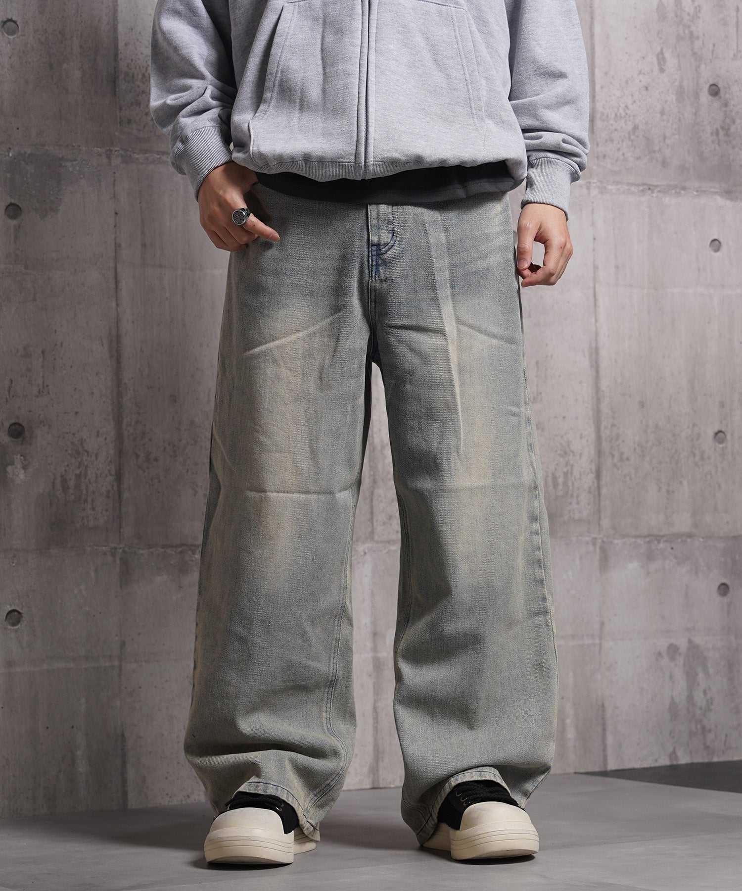 ワンフォークロージング 1111clothing 12ozデニム オーバーダイ バギーパンツ (BLUE) BLUE