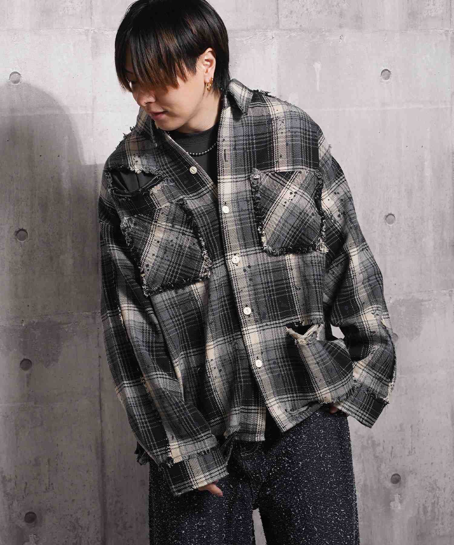ワンフォークロージング 1111clothing グランジ加工 ダメージ ヘビーチェックシャツ (BLACK) BLACK
