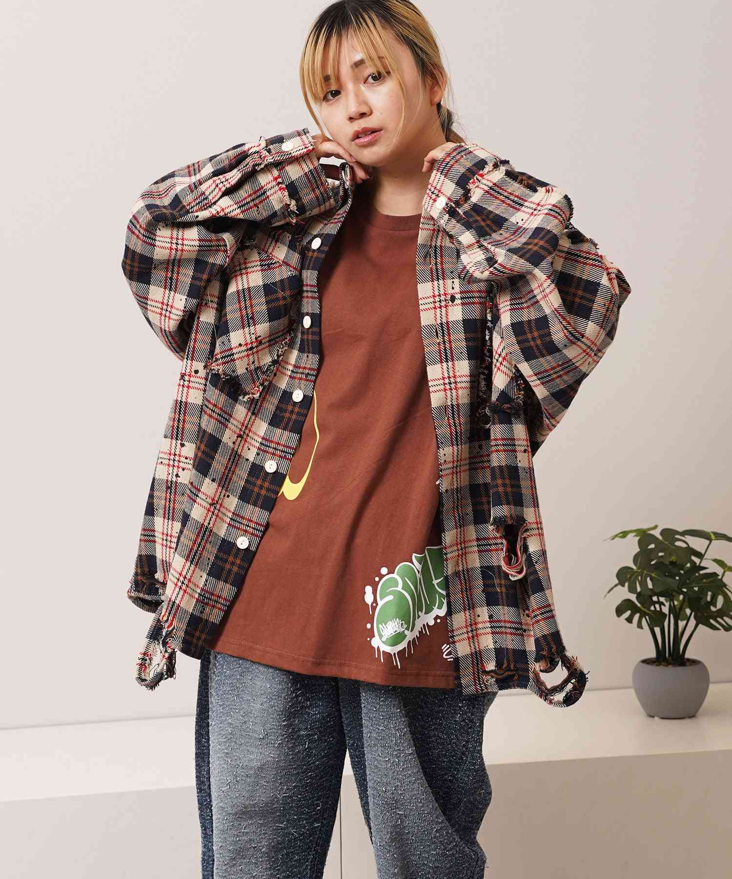 ワンフォークロージング 1111clothing グランジ加工 ダメージ ヘビーチェックシャツ (BLACK) BLACK