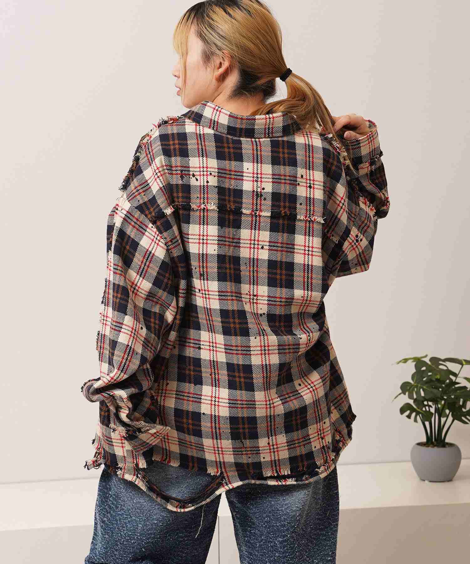 ワンフォークロージング 1111clothing グランジ加工 ダメージ ヘビーチェックシャツ (BLACK) BLACK