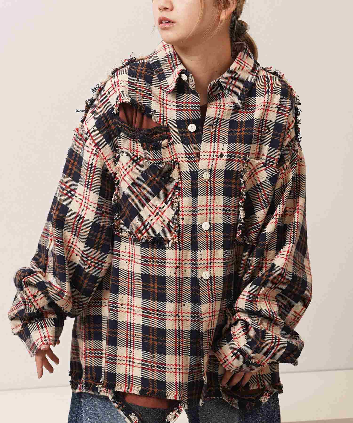 ワンフォークロージング 1111clothing グランジ加工 ダメージ ヘビーチェックシャツ (BEIGE) BEIGE