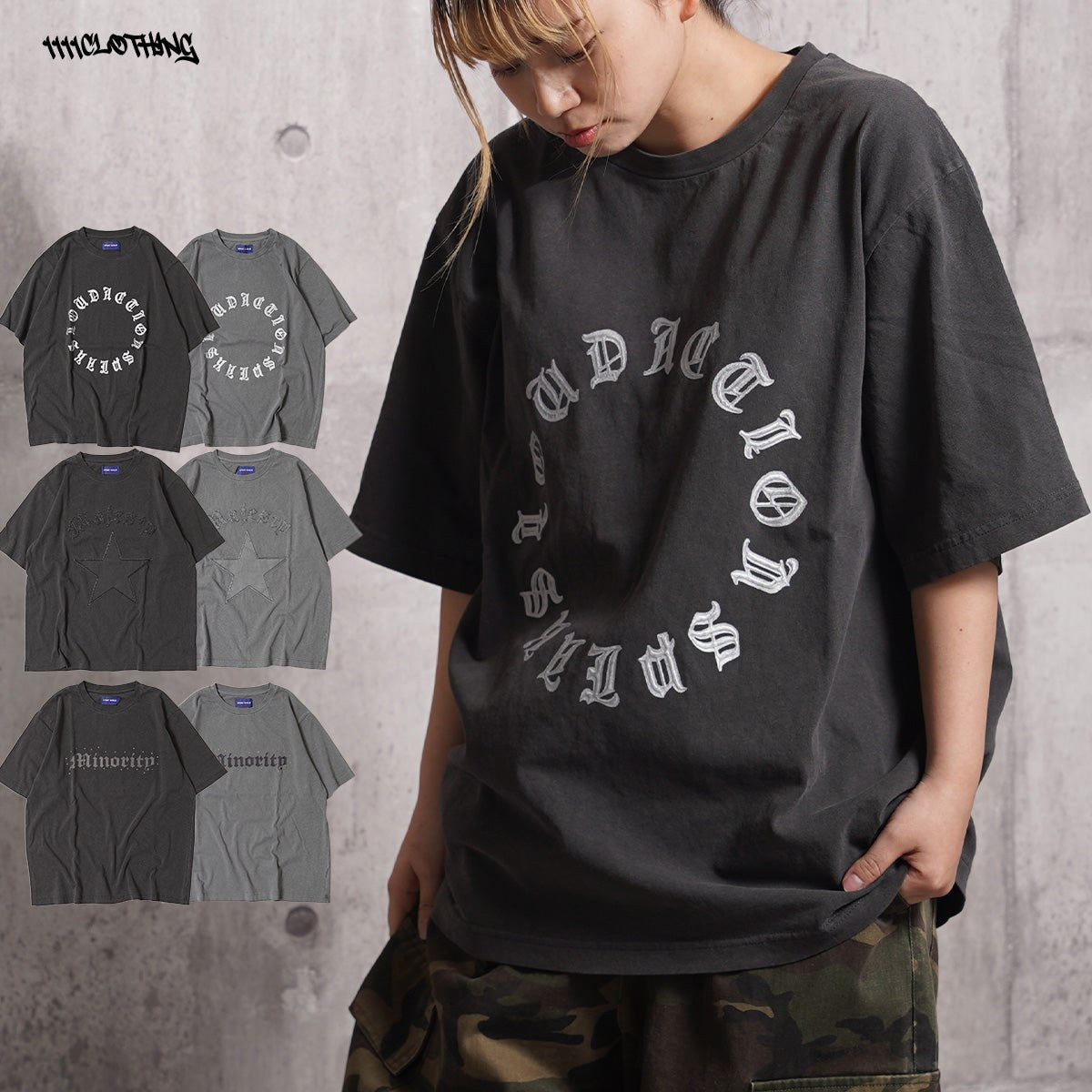 ワンフォークロージング 1111clothing アソートデザイン ピグメントTシャツ (BLACK-スタッズ) BLACK-スタッズ