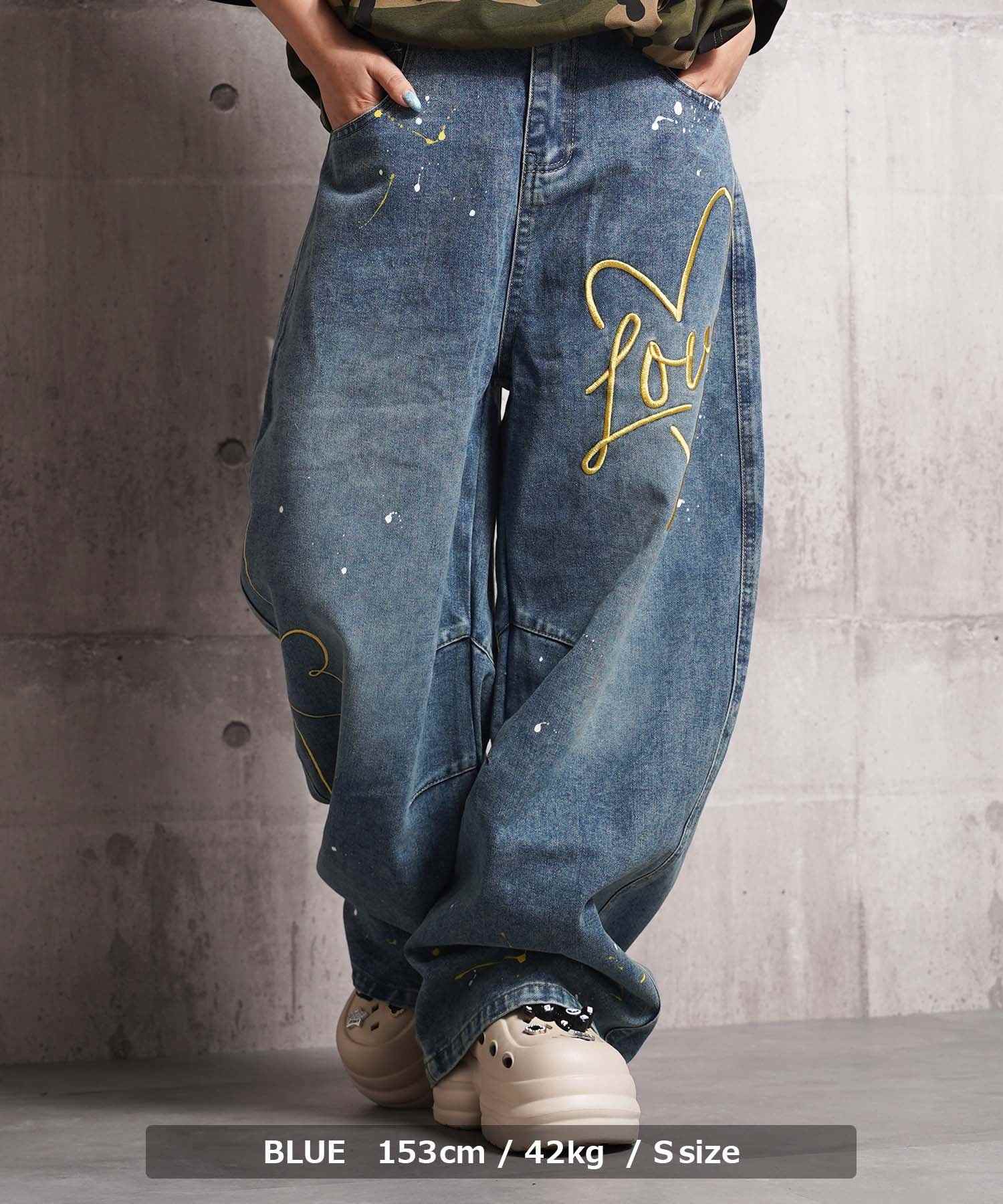 ワンフォークロージング 1111clothing ハート刺繍 バレルレッグ ジーンズ (INDIGO) INDIGO