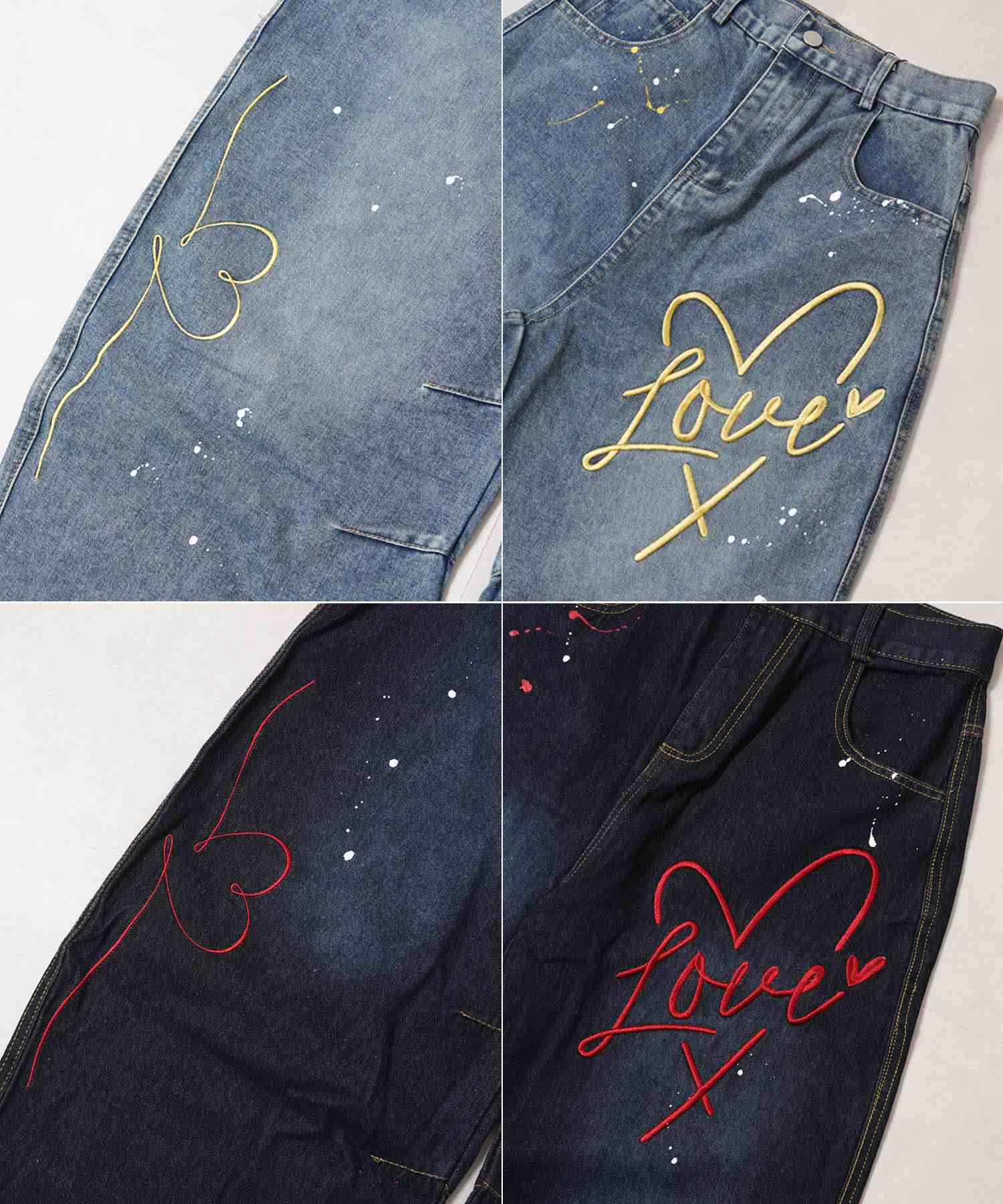 ワンフォークロージング 1111clothing ハート刺繍 バレルレッグ ジーンズ (INDIGO) INDIGO