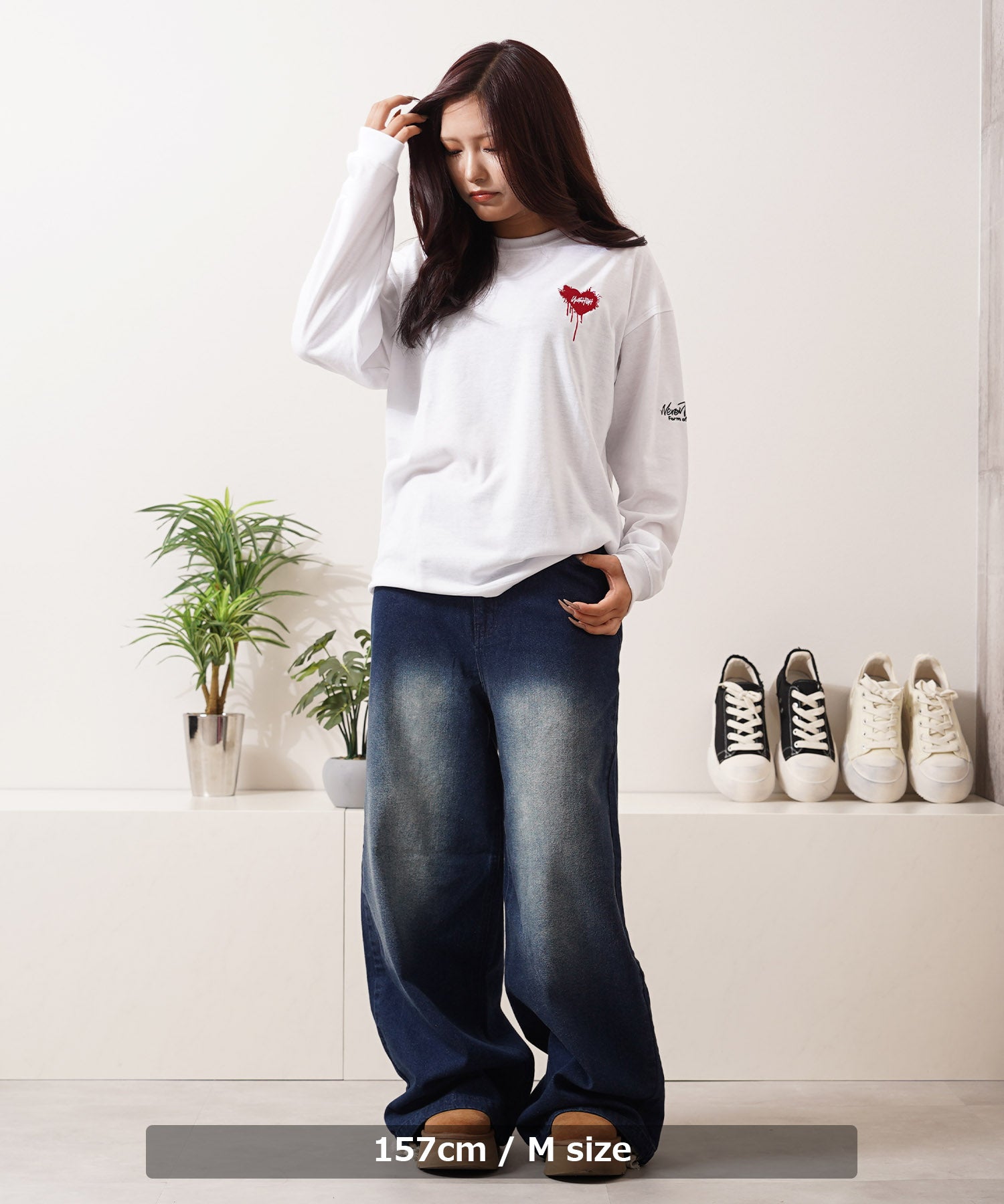 ワンフォークロージング 1111clothing ハート刺繍 ワイドシルエット L/S Tee (A柄-WHITE) A柄-WHITE