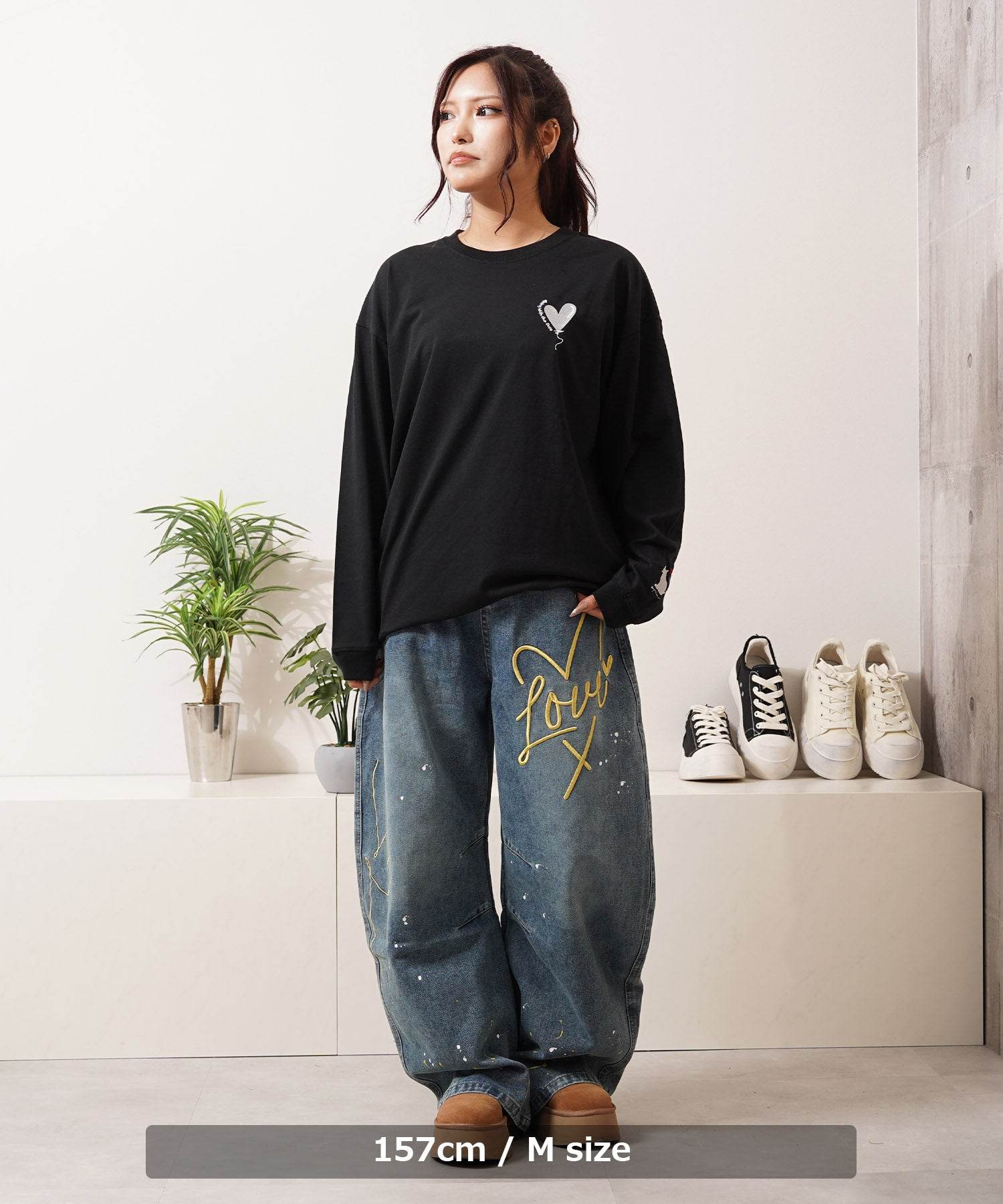ワンフォークロージング 1111clothing ハート刺繍 ワイドシルエット L/S Tee (A柄-WHITE) A柄-WHITE