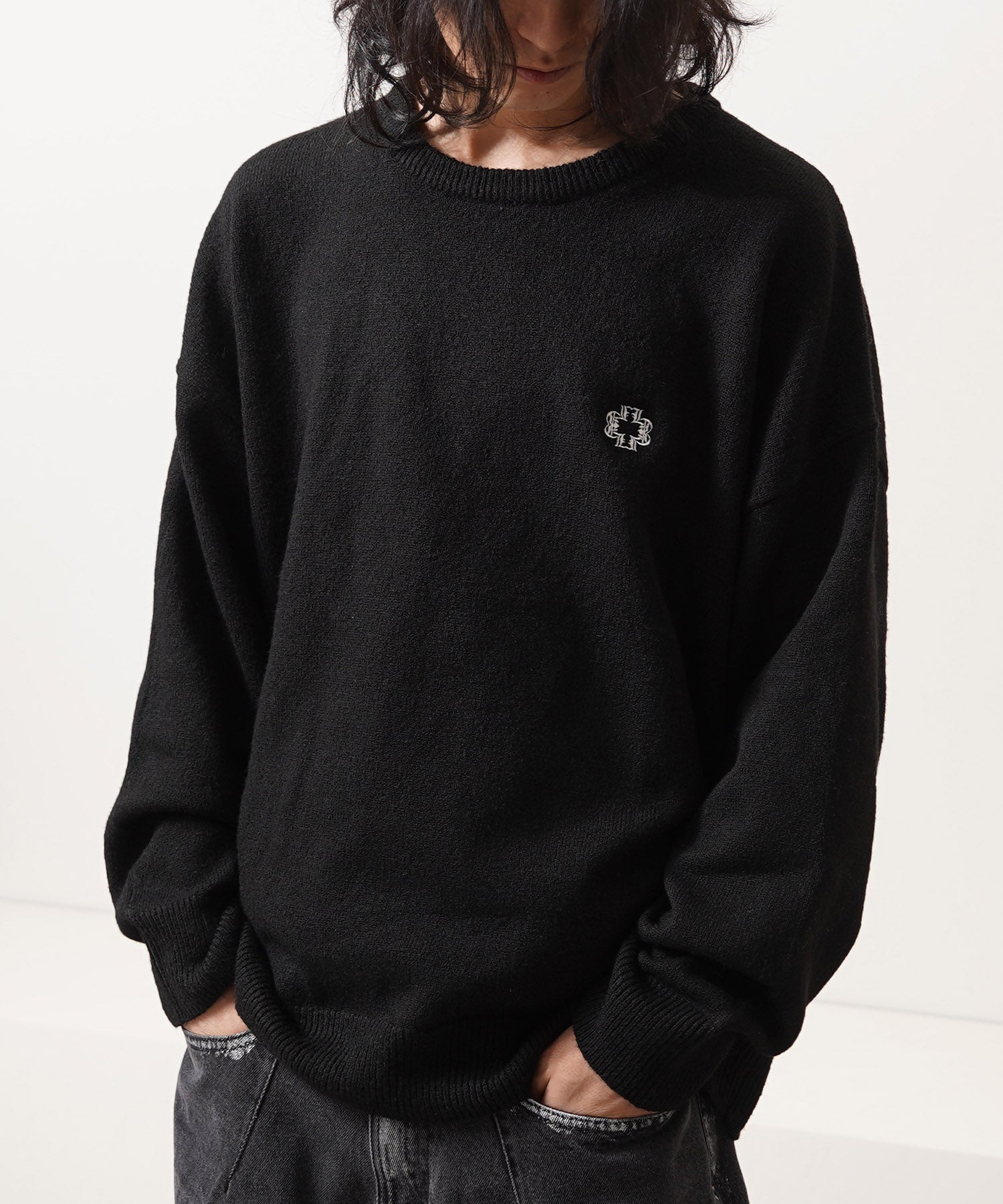 ワンフォークロージング 1111clothing クロップド ルーズ クルーニット (BLACK) BLACK