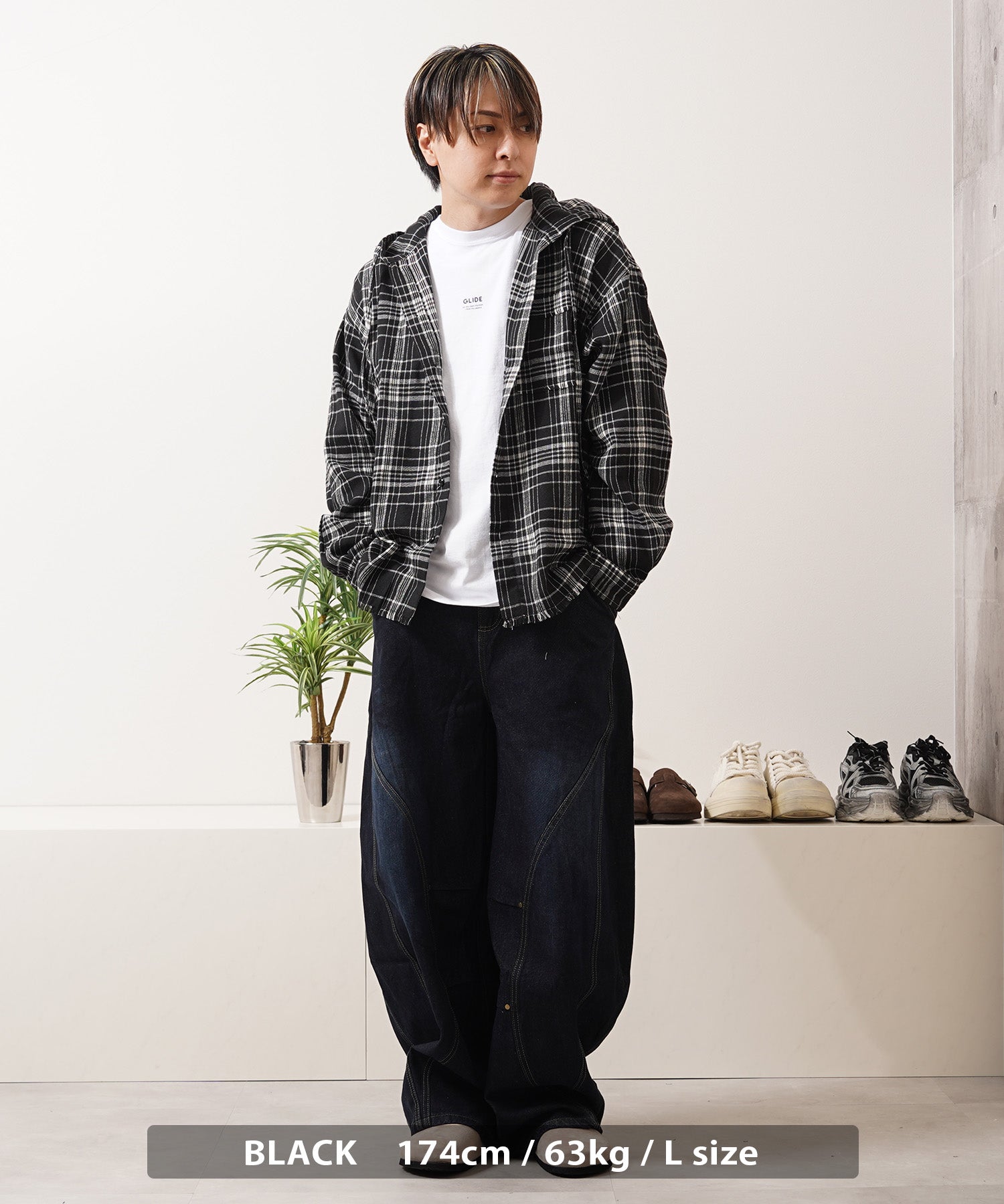 ワンフォークロージング 1111clothing フリンジ チェックシャツパーカー (PINK) PINK