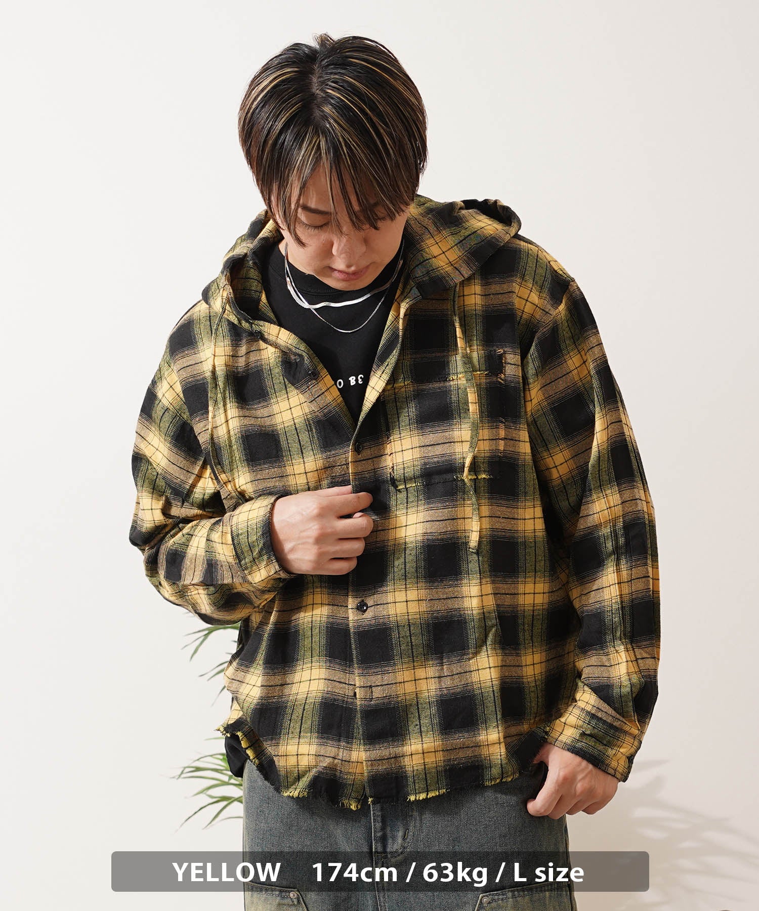 ワンフォークロージング 1111clothing フリンジ チェックシャツパーカー (PINK) PINK