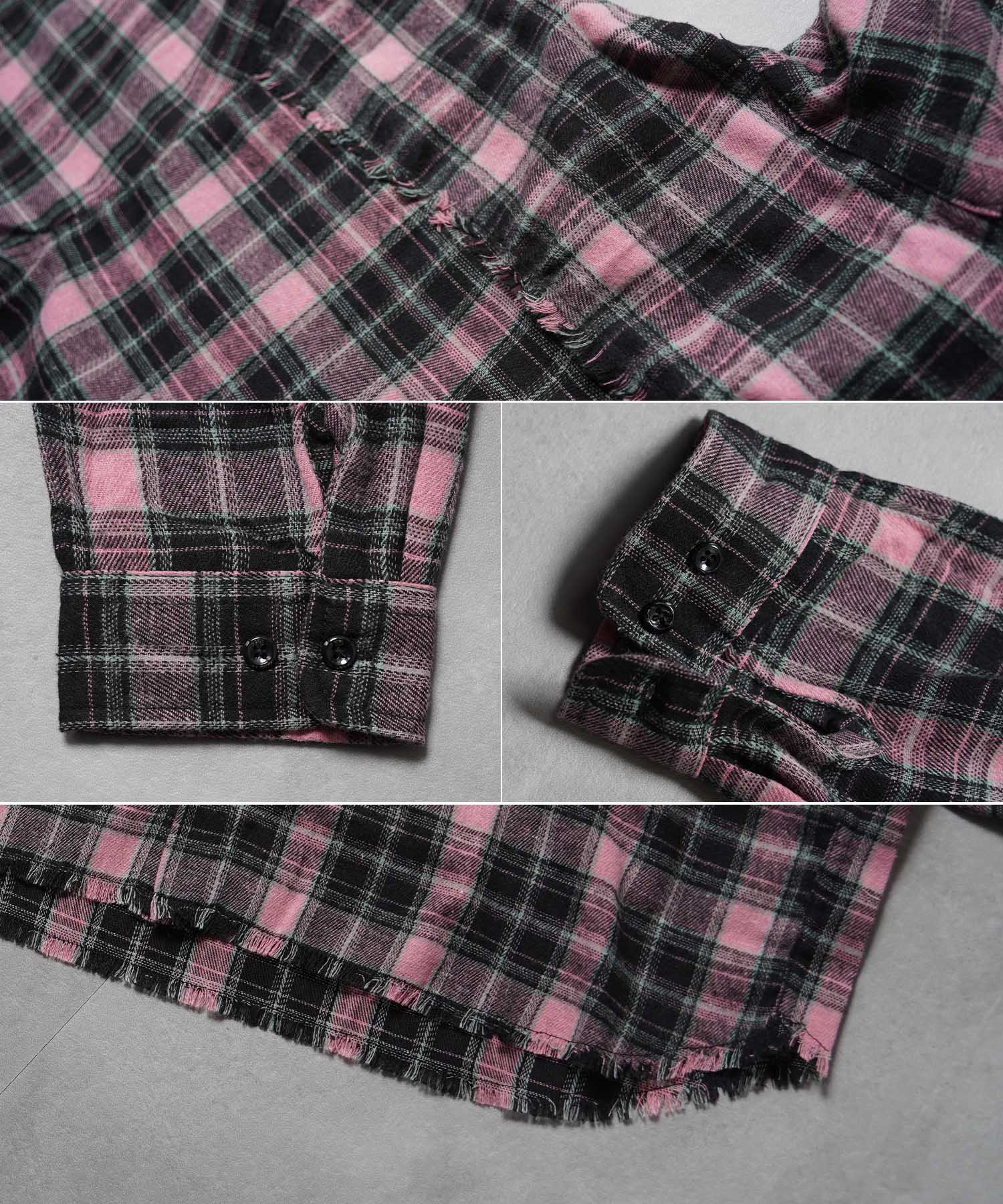 ワンフォークロージング 1111clothing フリンジ チェックシャツパーカー (PINK) PINK