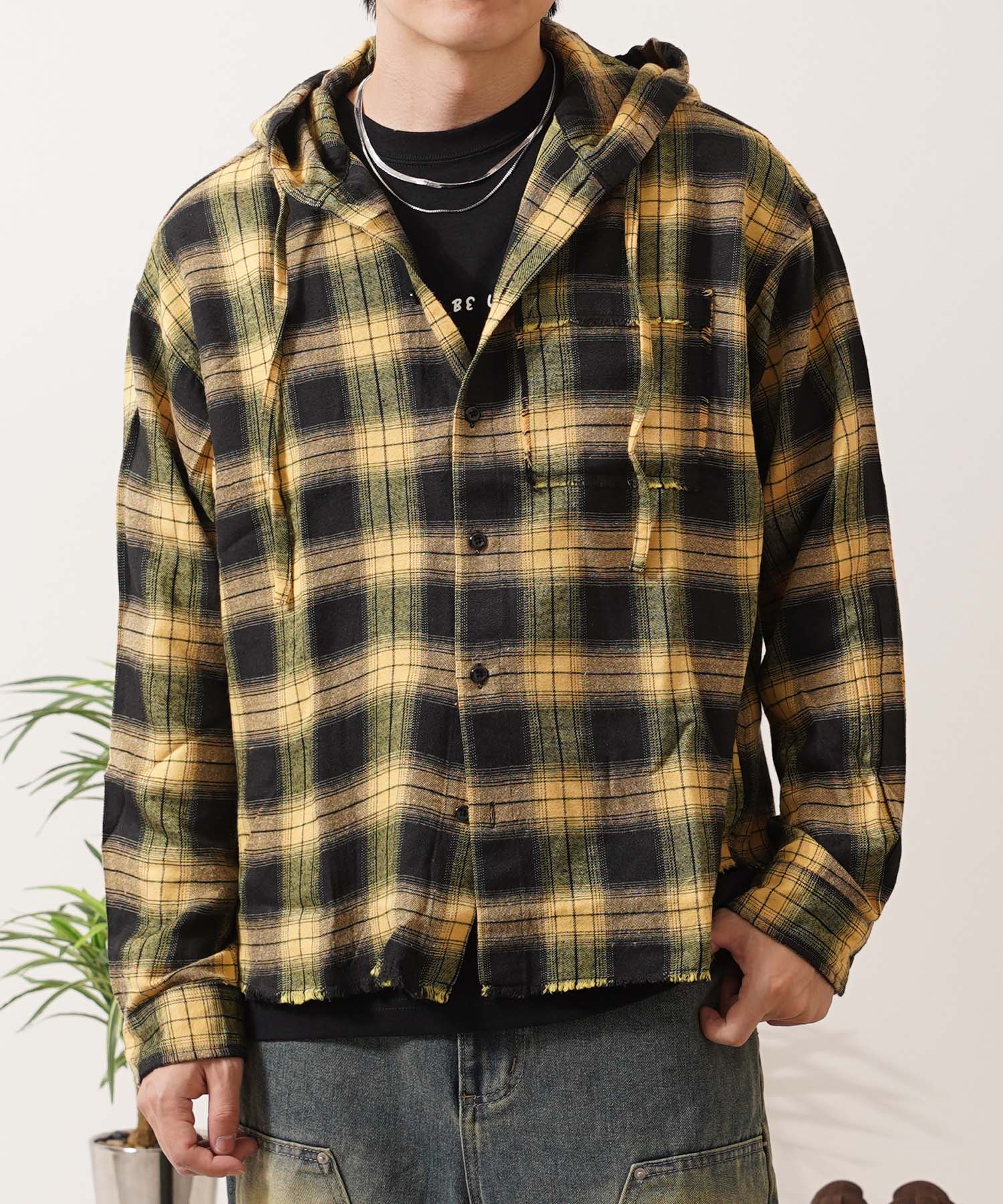 ワンフォークロージング 1111clothing フリンジ チェックシャツパーカー (YELLOW) YELLOW