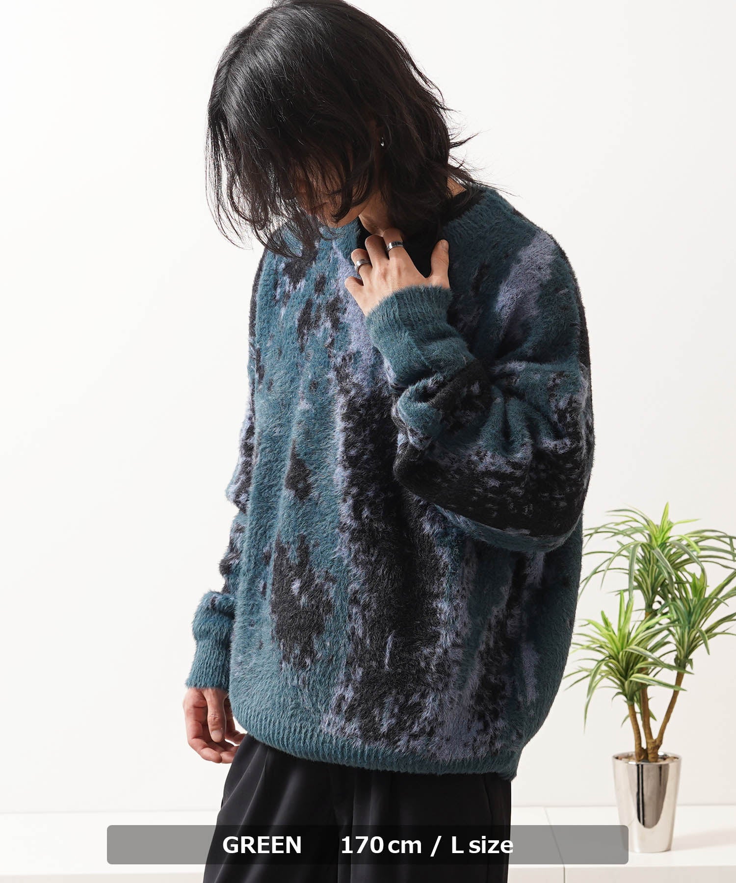 ワンフォークロージング 1111clothing アブストラクト柄 シャギーニット (BROWN) BROWN