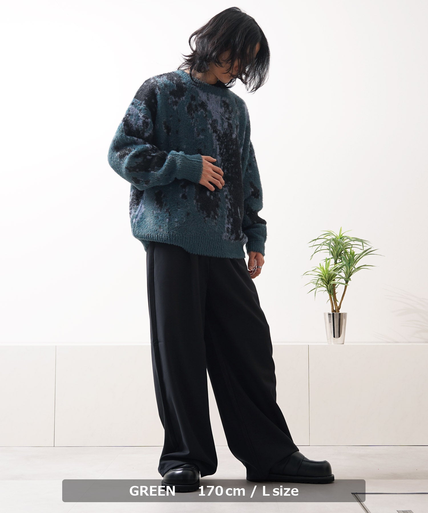 ワンフォークロージング 1111clothing アブストラクト柄 シャギーニット (BROWN) BROWN