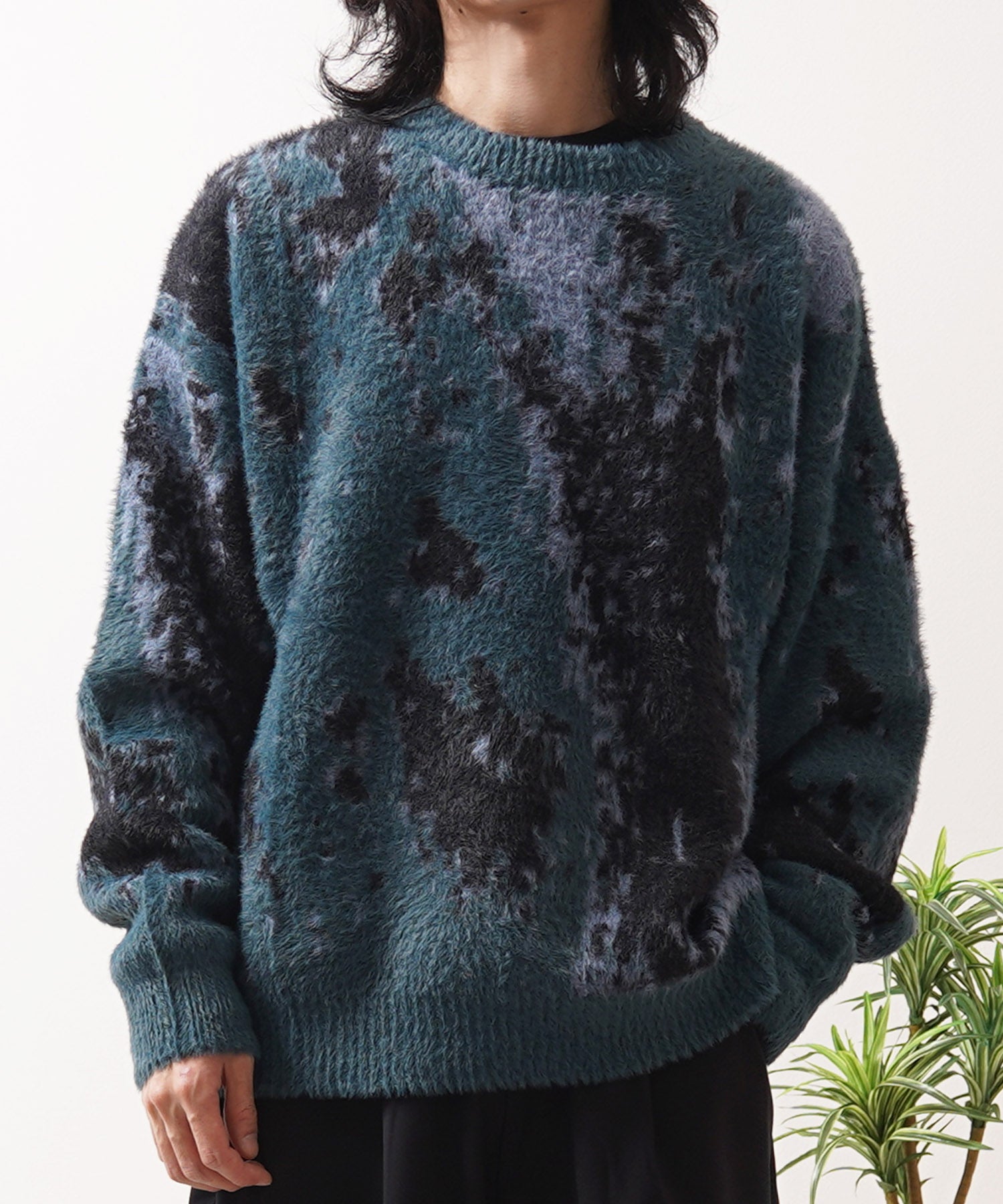 ワンフォークロージング 1111clothing アブストラクト柄 シャギーニット (GREEN) GREEN