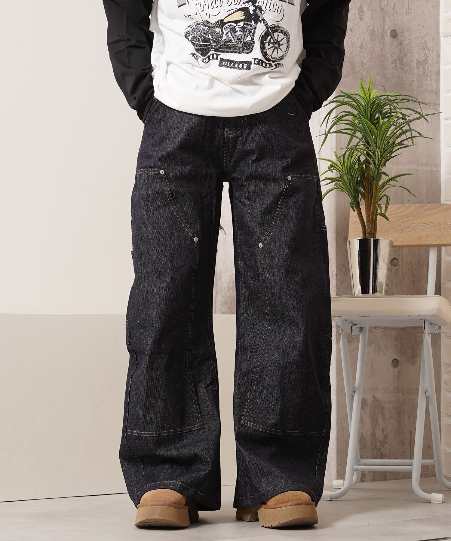 ワンフォークロージング 1111clothing リジットデニム ダブルニー バレルレッグパンツ (RIGID) RIGID