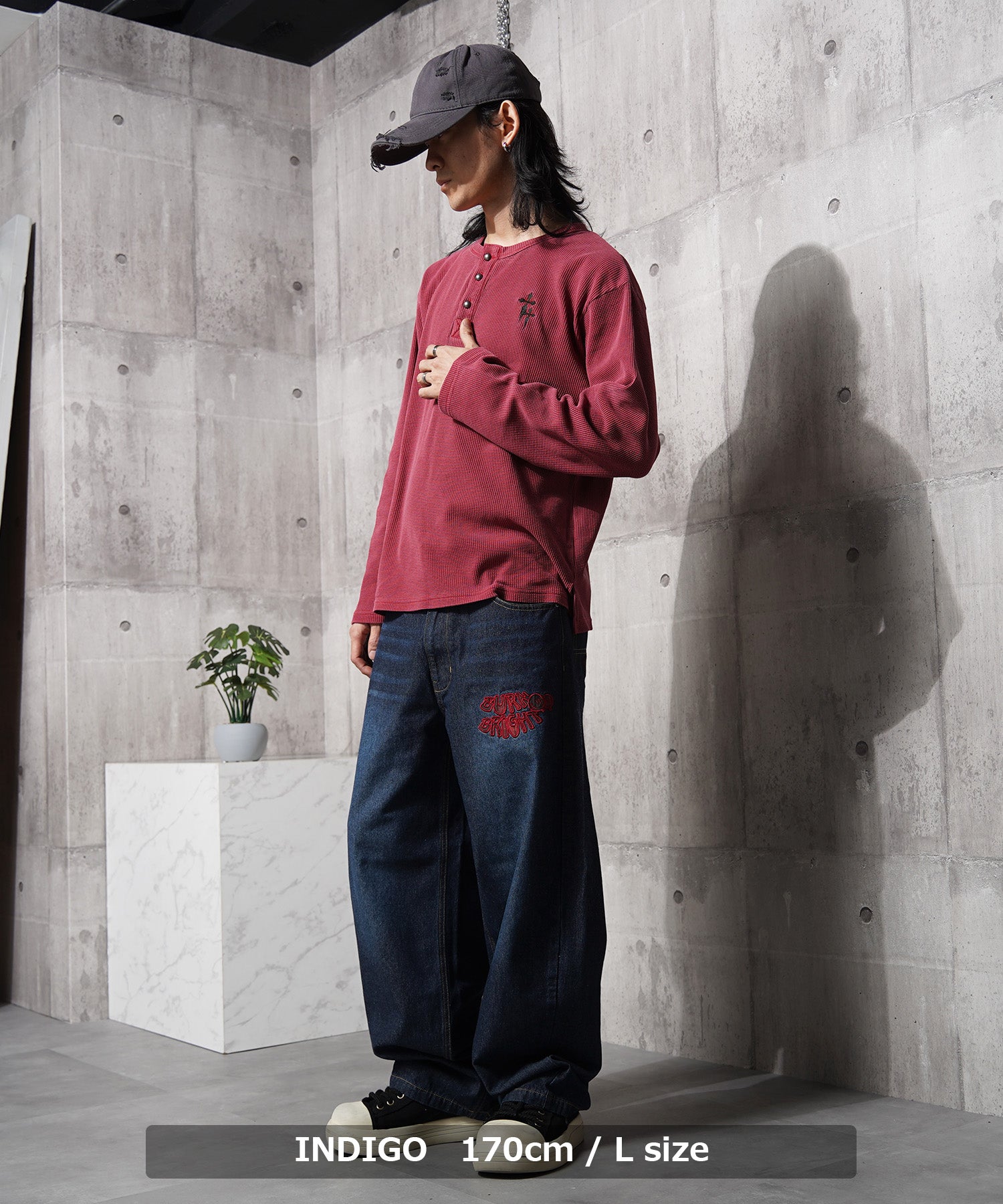 ワンフォークロージング 1111clothing チェック柄 バックアーチ ワイドデニムパンツ (INDIGO) INDIGO