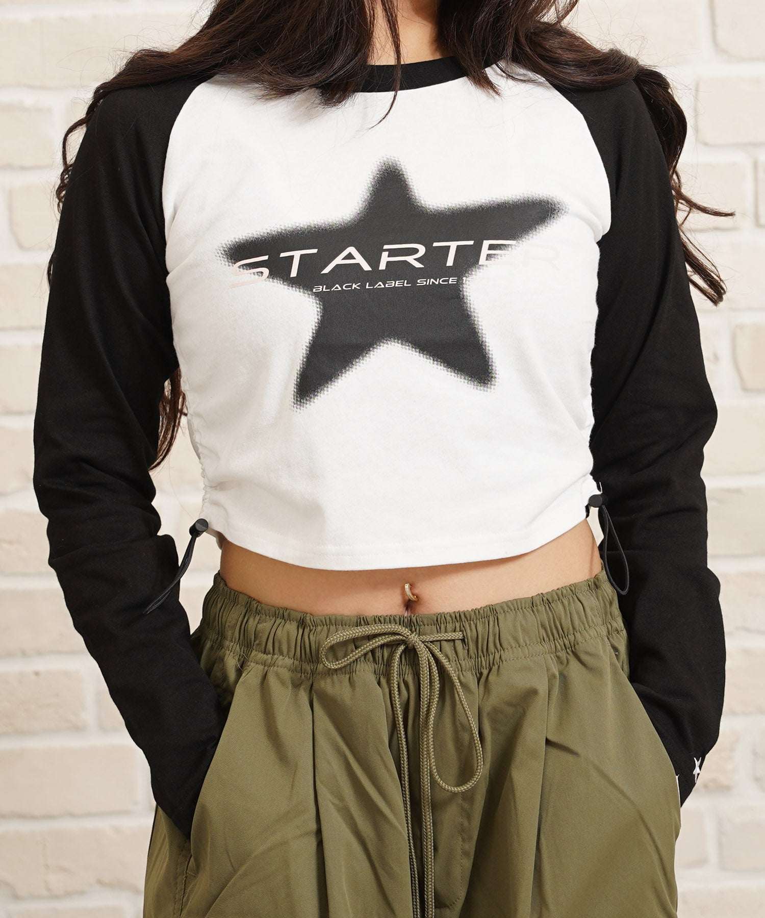 ワンフォークロージング 1111clothing STARTER / シャーリング ショート丈 ラグラン L/S Tシャツ,B柄-WHT×BLK