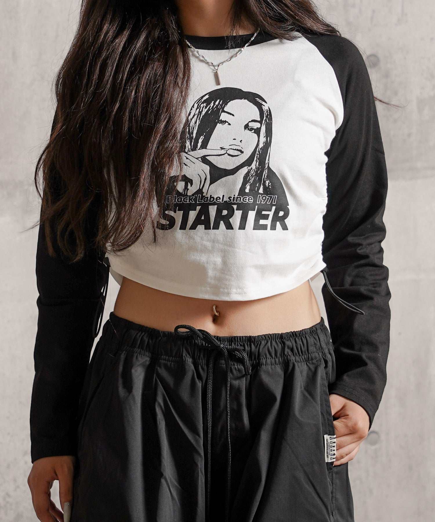 ワンフォークロージング 1111clothing STARTER / シャーリング ショート丈 ラグラン L/S Tシャツ,A柄-WHT×BLK