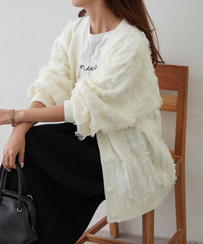 ナイスクラップ NICE CLAUP 【NAO】フリンジVネックカーディガン (IVY) IVY