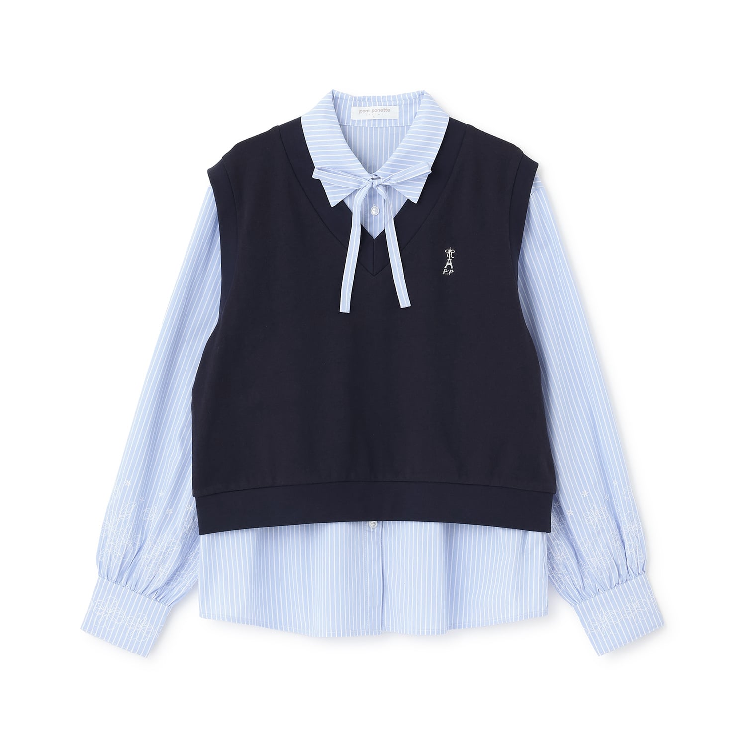 ポンポネットジュニア pom ponette junior カットソーベスト&刺しゅうブラウスセット (黒) 黒