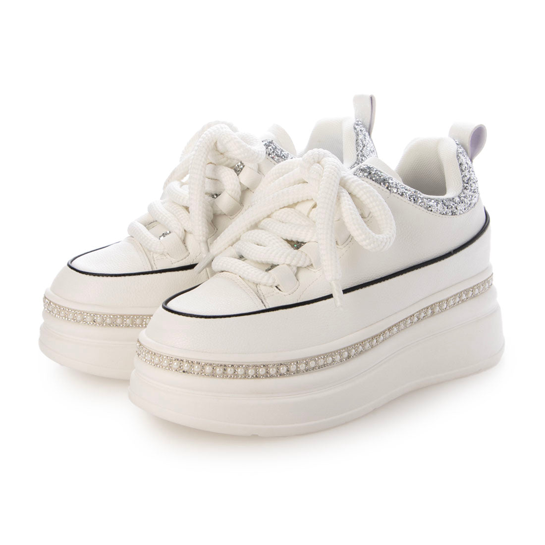 ヌーベル ヴォーグ リラックス Noubel Voug Relax ふわモコ 極太シューレース 厚底 ラインストーンスニーカー (ホワイト) ホワイト