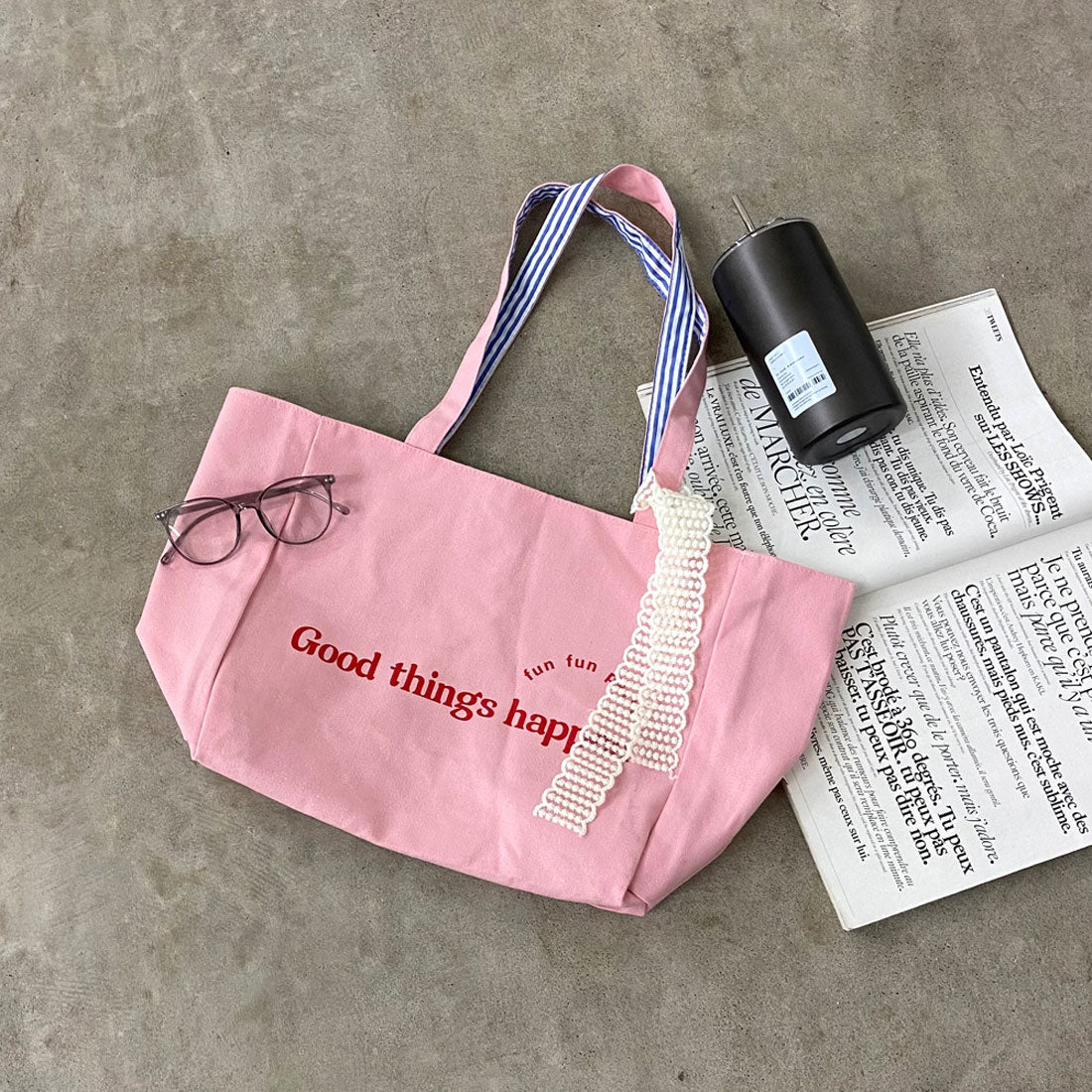 ノンヘッジ non-hedge ストライプキャンバスリバーシブルトートバッグ (ピンク) ピンク