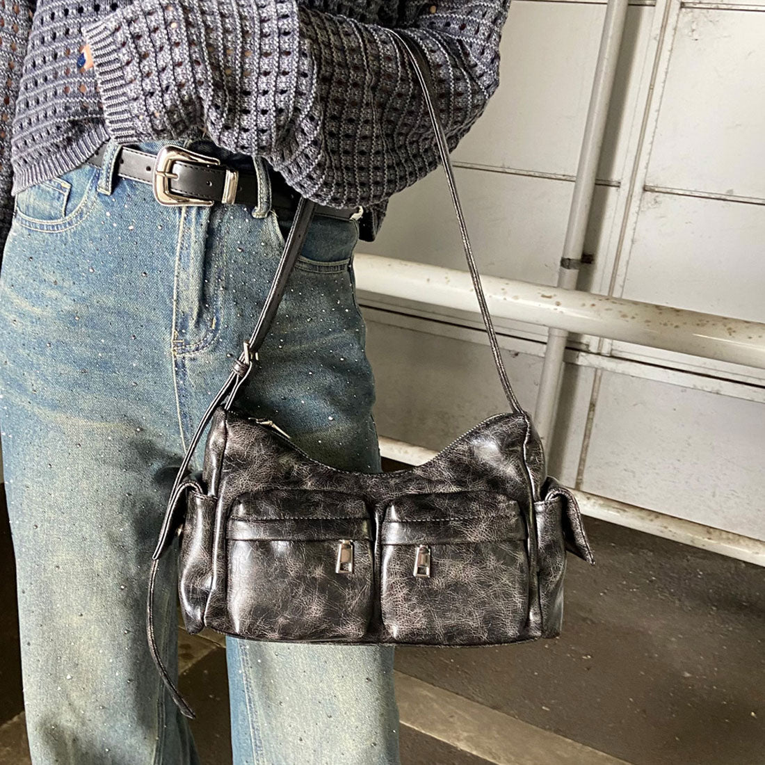 ノンヘッジ non-hedge アンティーク風合成皮革2ポケットショルダーバッグ (ブラックミックス) ブラックミックス