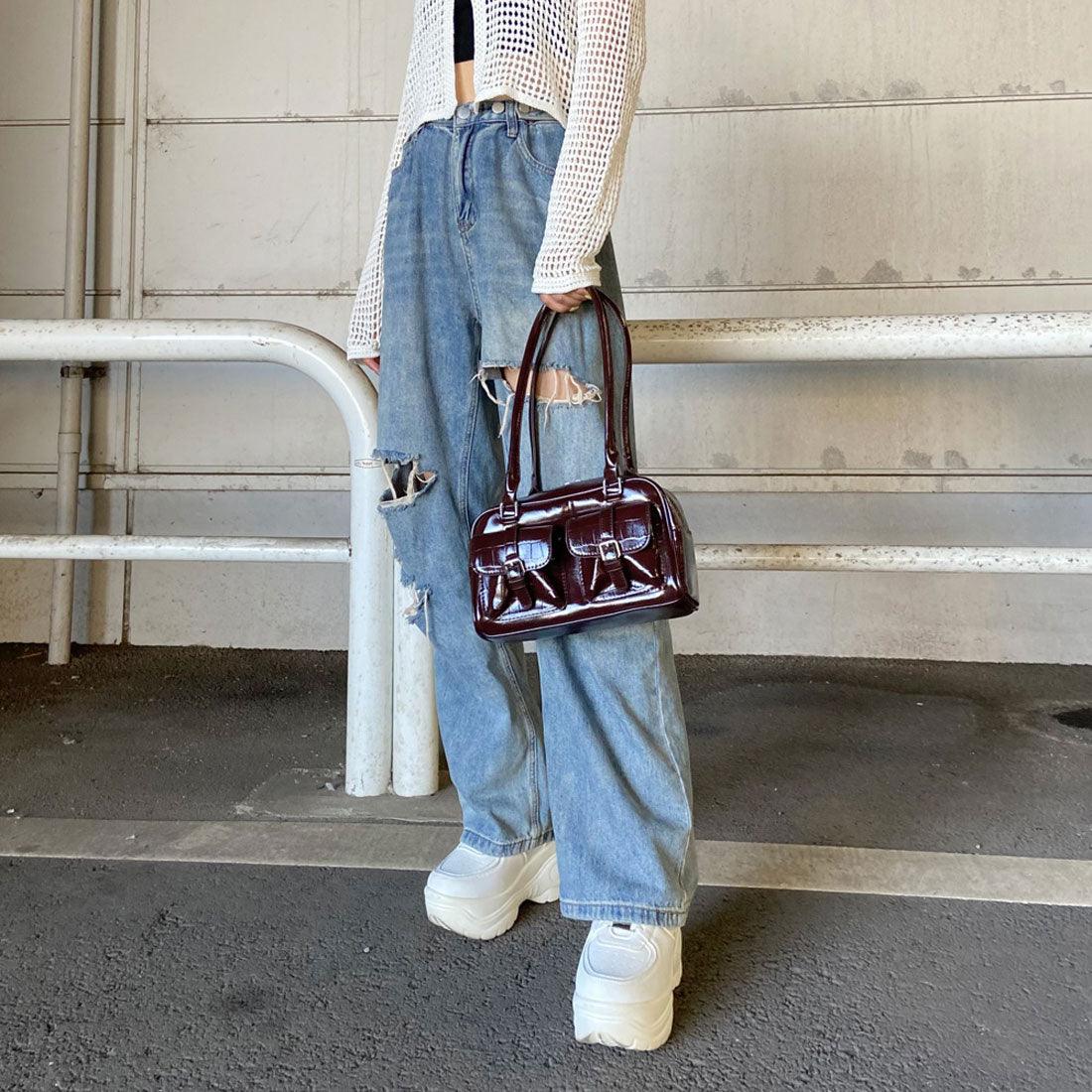 ノンヘッジ non-hedge 2ポケクロコ型押しボストンバッグ (ブラック) ブラック