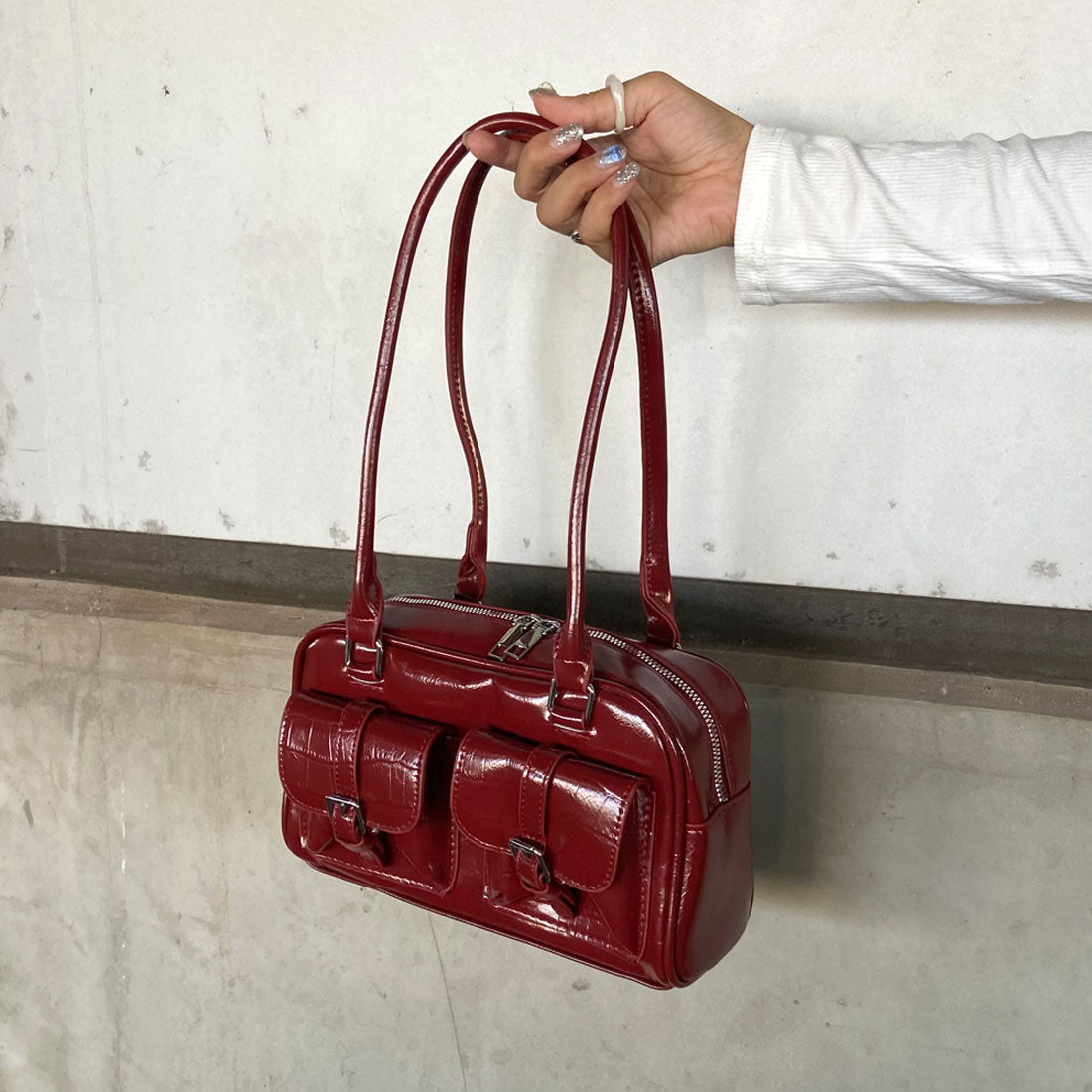 ノンヘッジ non-hedge 2ポケクロコ型押しボストンバッグ (ブラック) ブラック