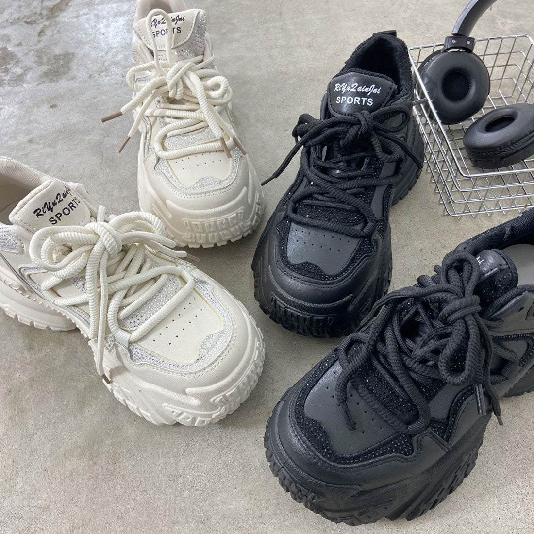 ノンヘッジ non-hedge ストーン厚底スニーカー (ブラック) ブラック