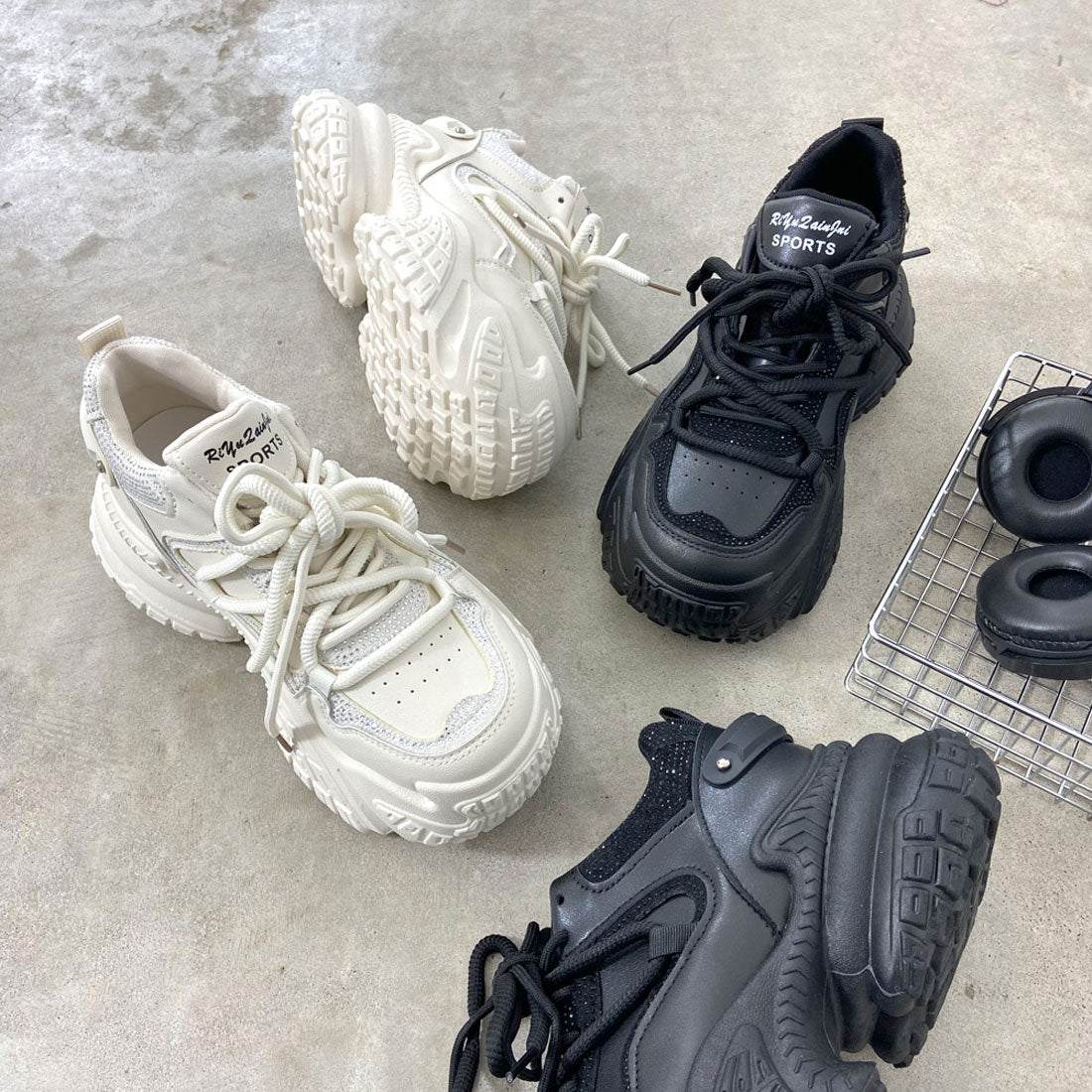 ノンヘッジ non-hedge ストーン厚底スニーカー (ブラック) ブラック