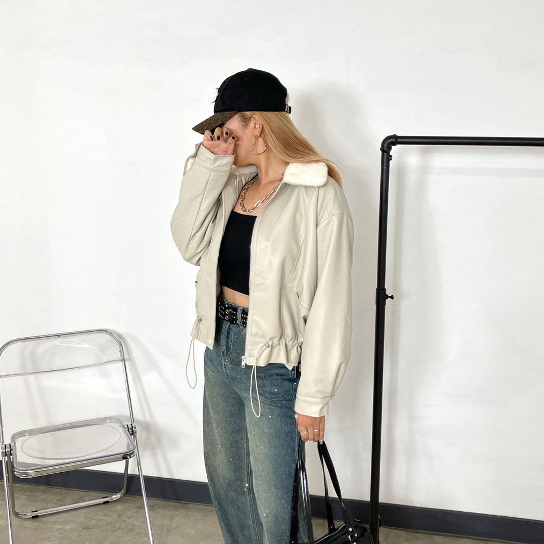 非對沖 合成皮革艾莉假毛外套