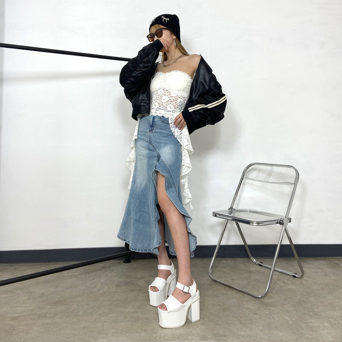 Non-hedge denim frill long skirt