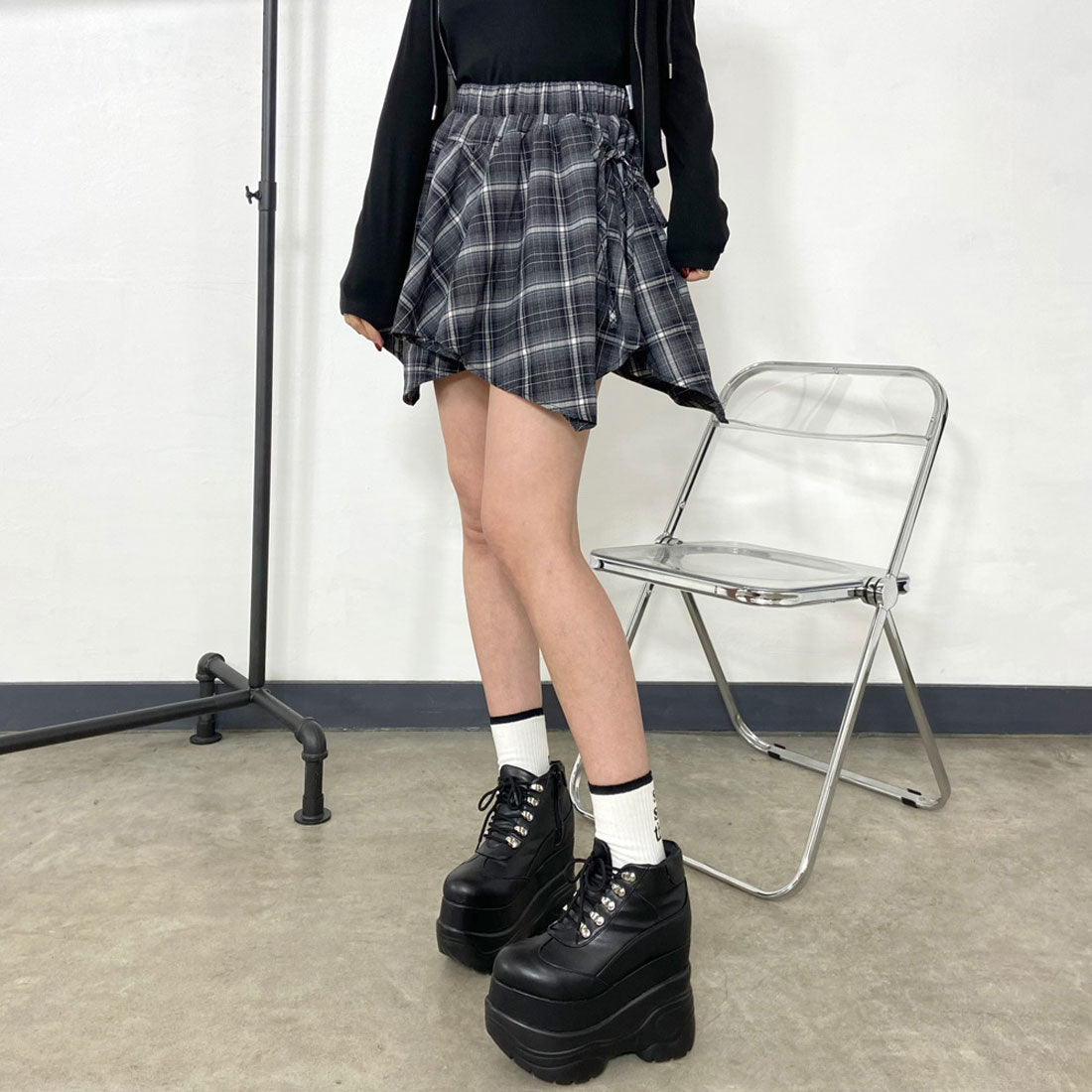 ノンヘッジ non-hedge チェックアシメスカート (ブラック) ブラック