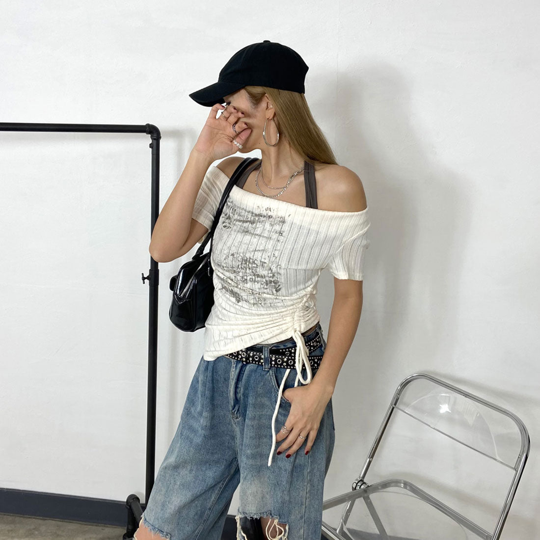 ノンヘッジ non-hedge アンサンブル風ロゴサイドドロストトップス (ブラック) ブラック