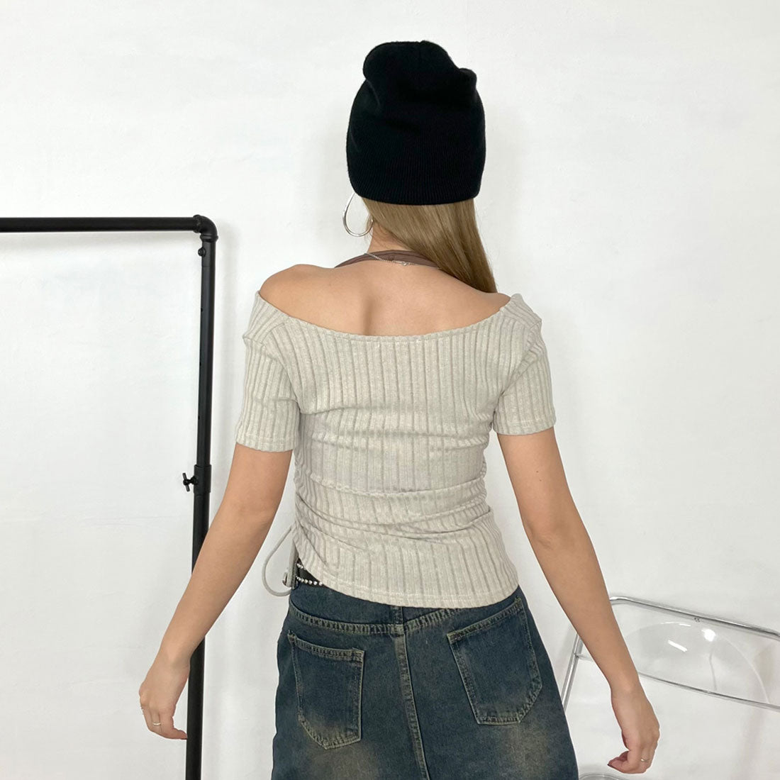 ノンヘッジ non-hedge アンサンブル風ロゴサイドドロストトップス (ブラック) ブラック