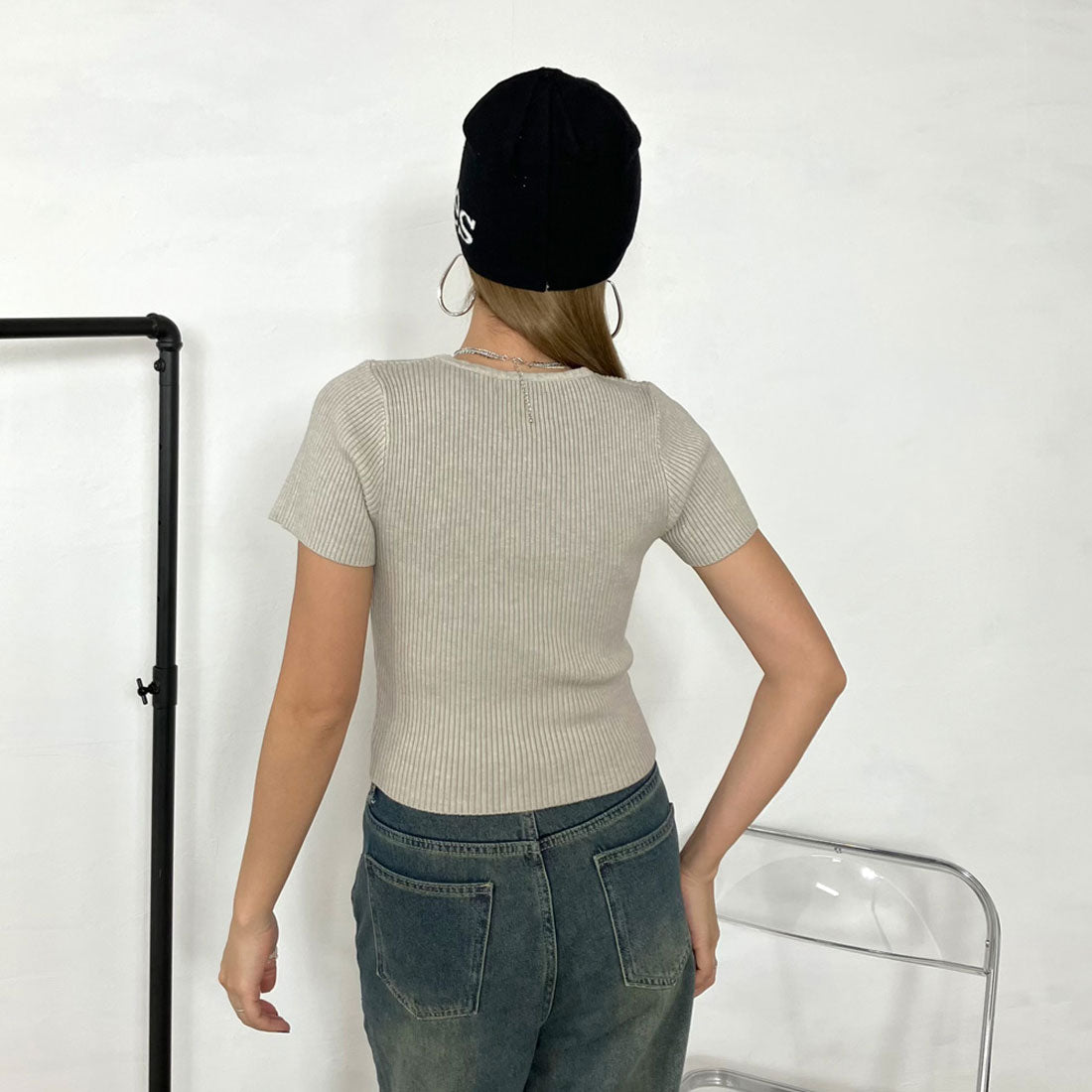 ノンヘッジ non-hedge スクエアリブニットT (チャコール) チャコール