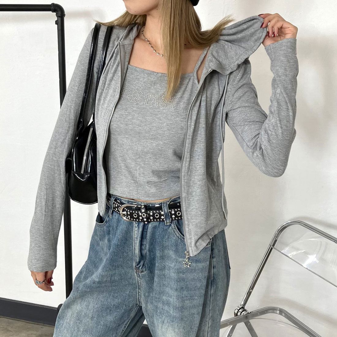 ノンヘッジ non-hedge ZIPフード・ストーンロゴキャミセット (ブラック) ブラック