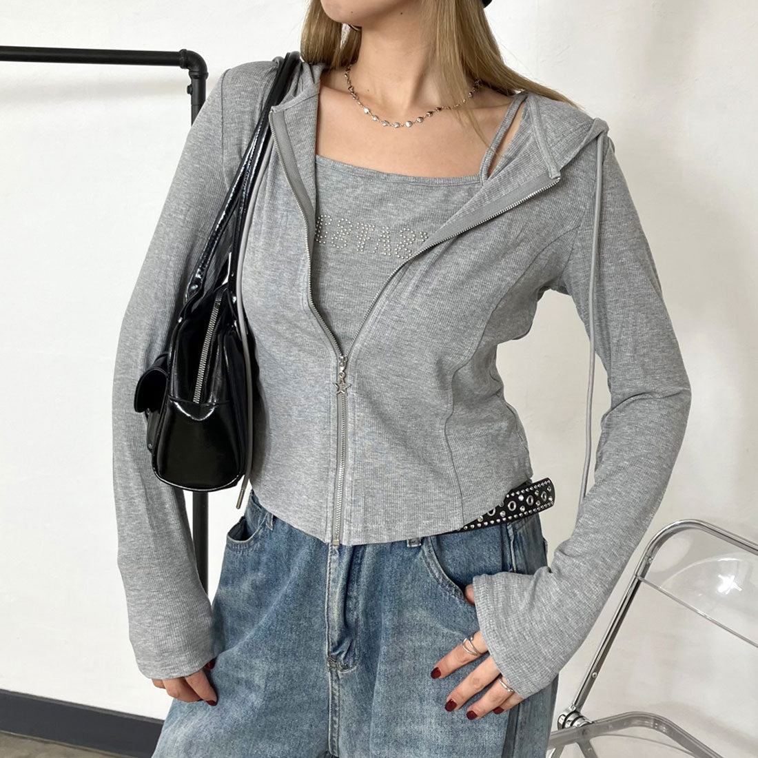 ノンヘッジ non-hedge ZIPフード・ストーンロゴキャミセット (ブラック) ブラック