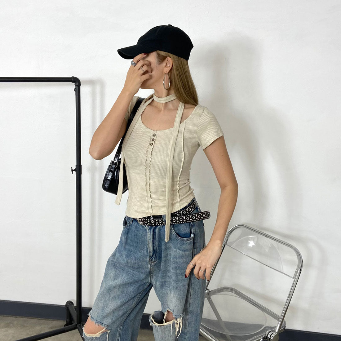 ノンヘッジ non-hedge ミックスニットソーチョーカー付き (ブラック) ブラック